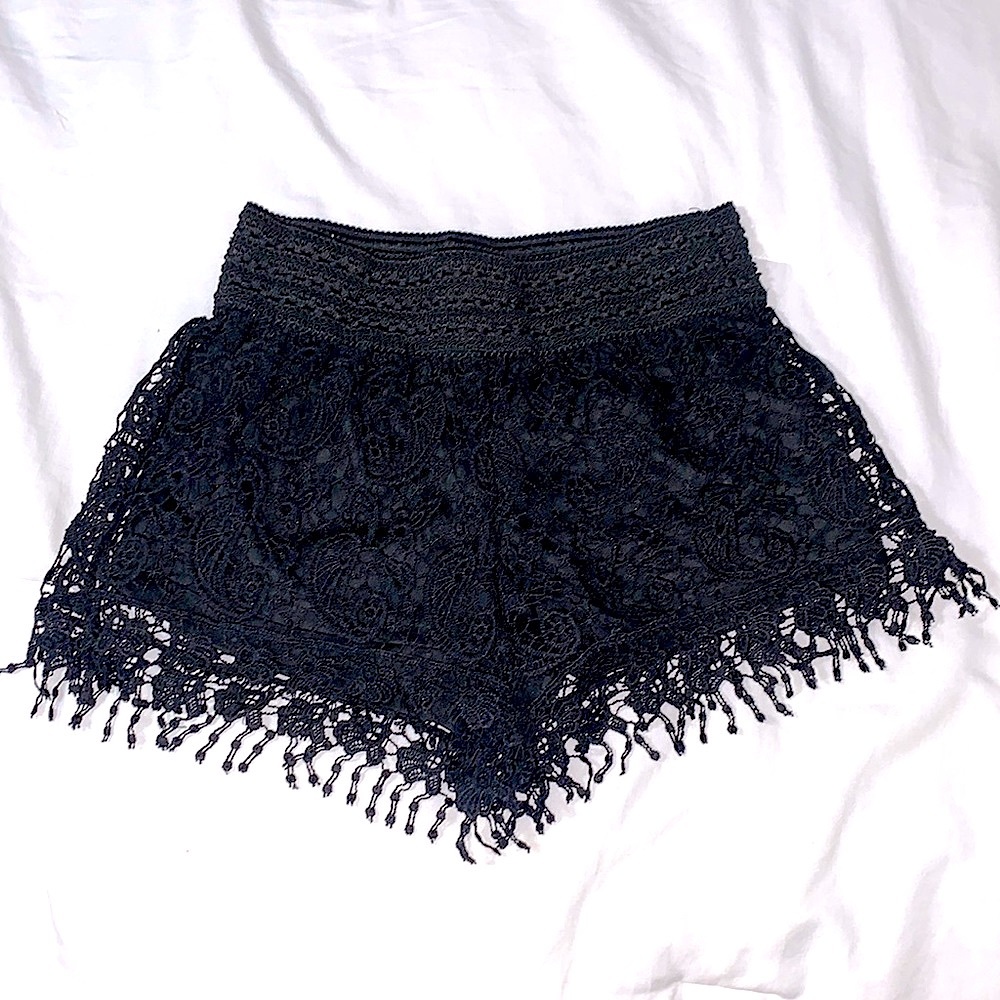 Crochet Fringe/Tassel Hem Black Shorts
